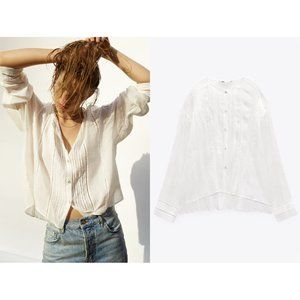 NEW ZARA ramie passementerie blouse 4786 oyster white